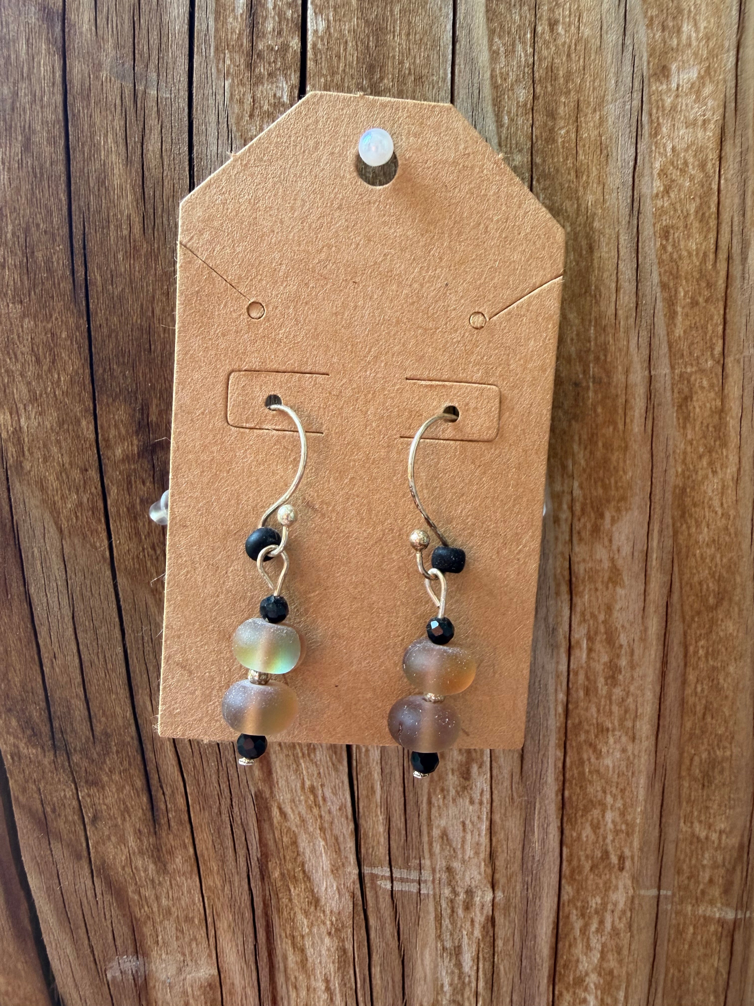Handcrafted Frosted Glass & Black Beaded Earrings