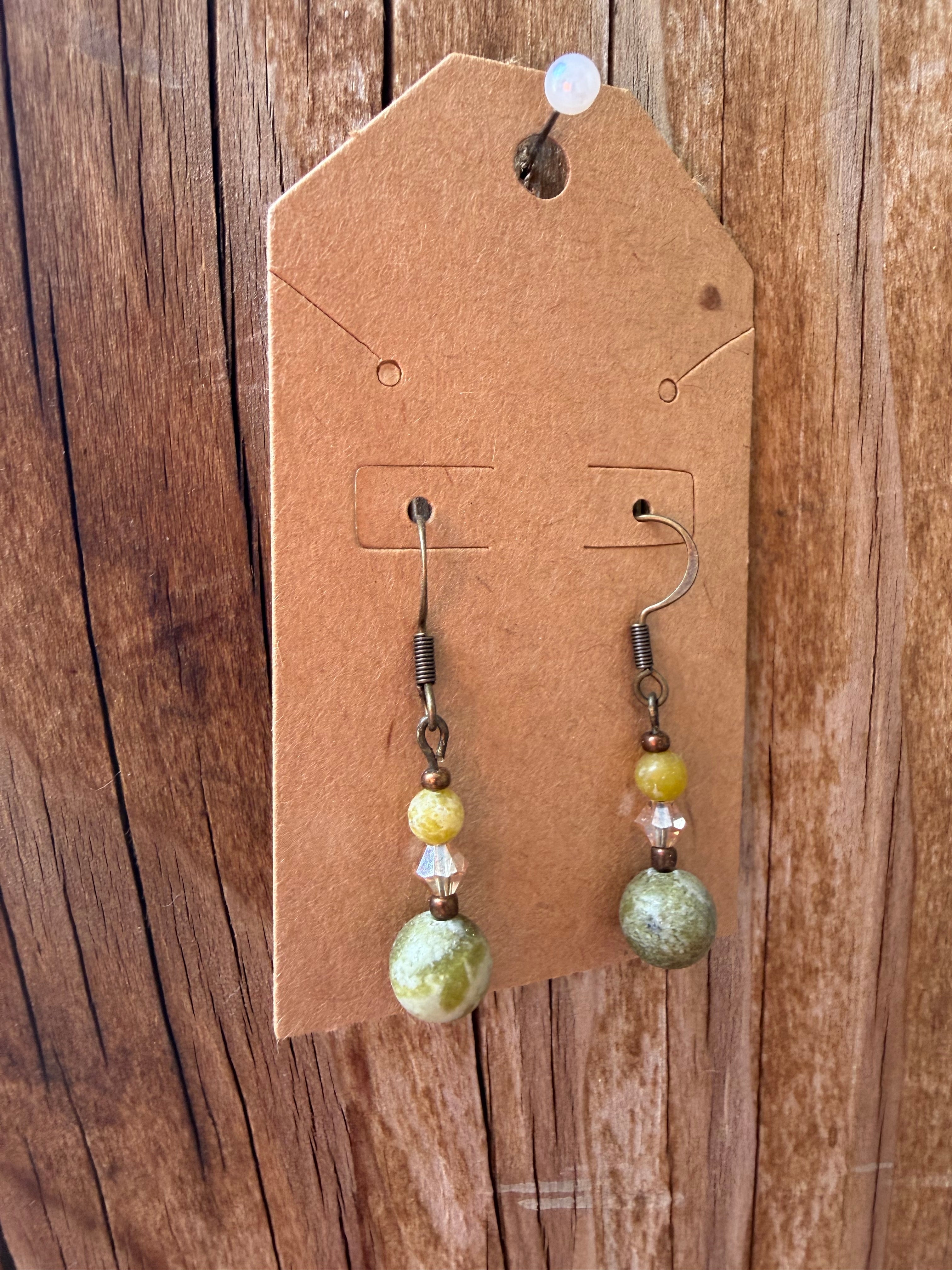Handcrafted Green & Golden Stone Beaded Earrings