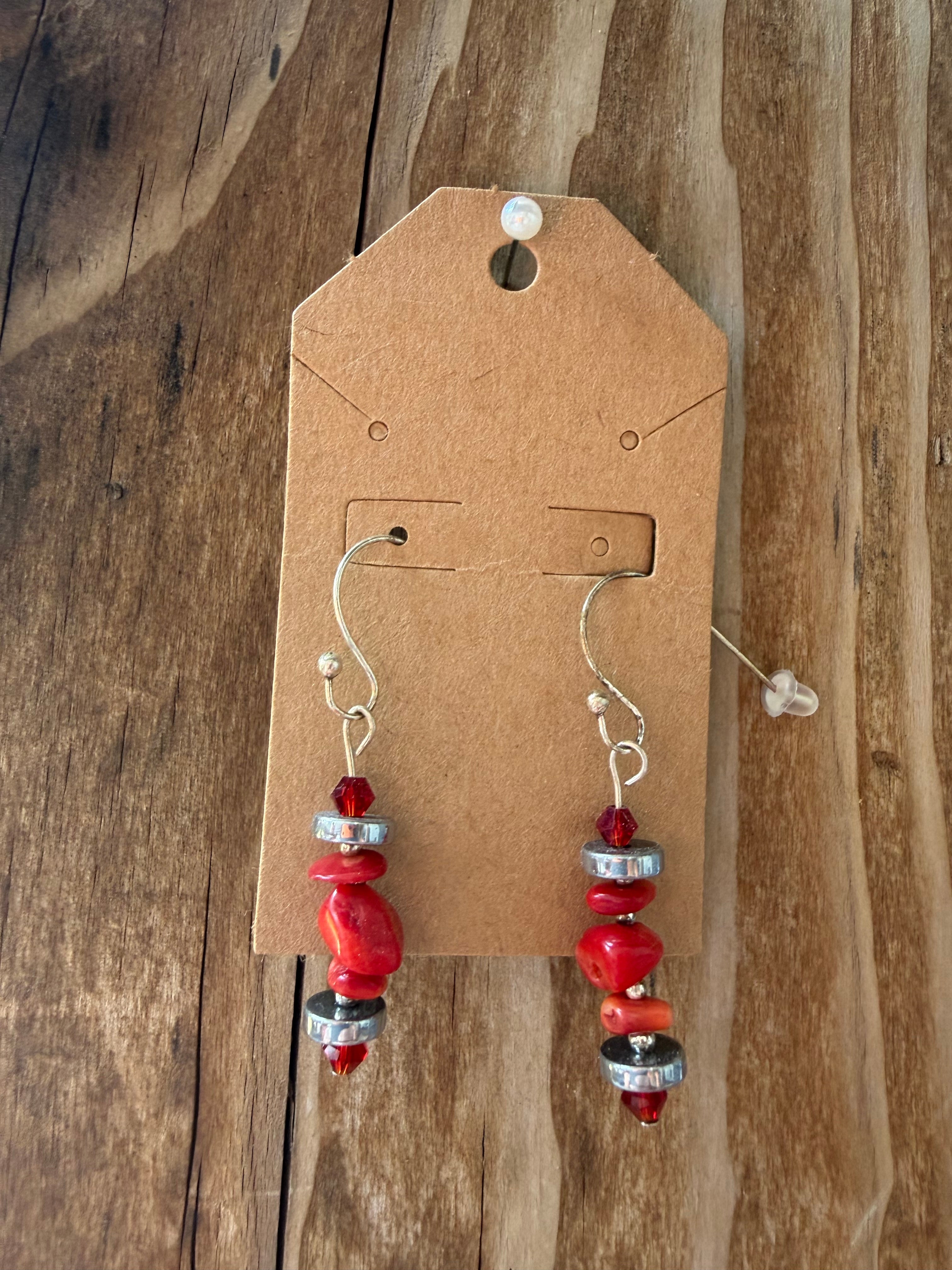 Handcrafted Red Coral & Hematite Beaded Earrings