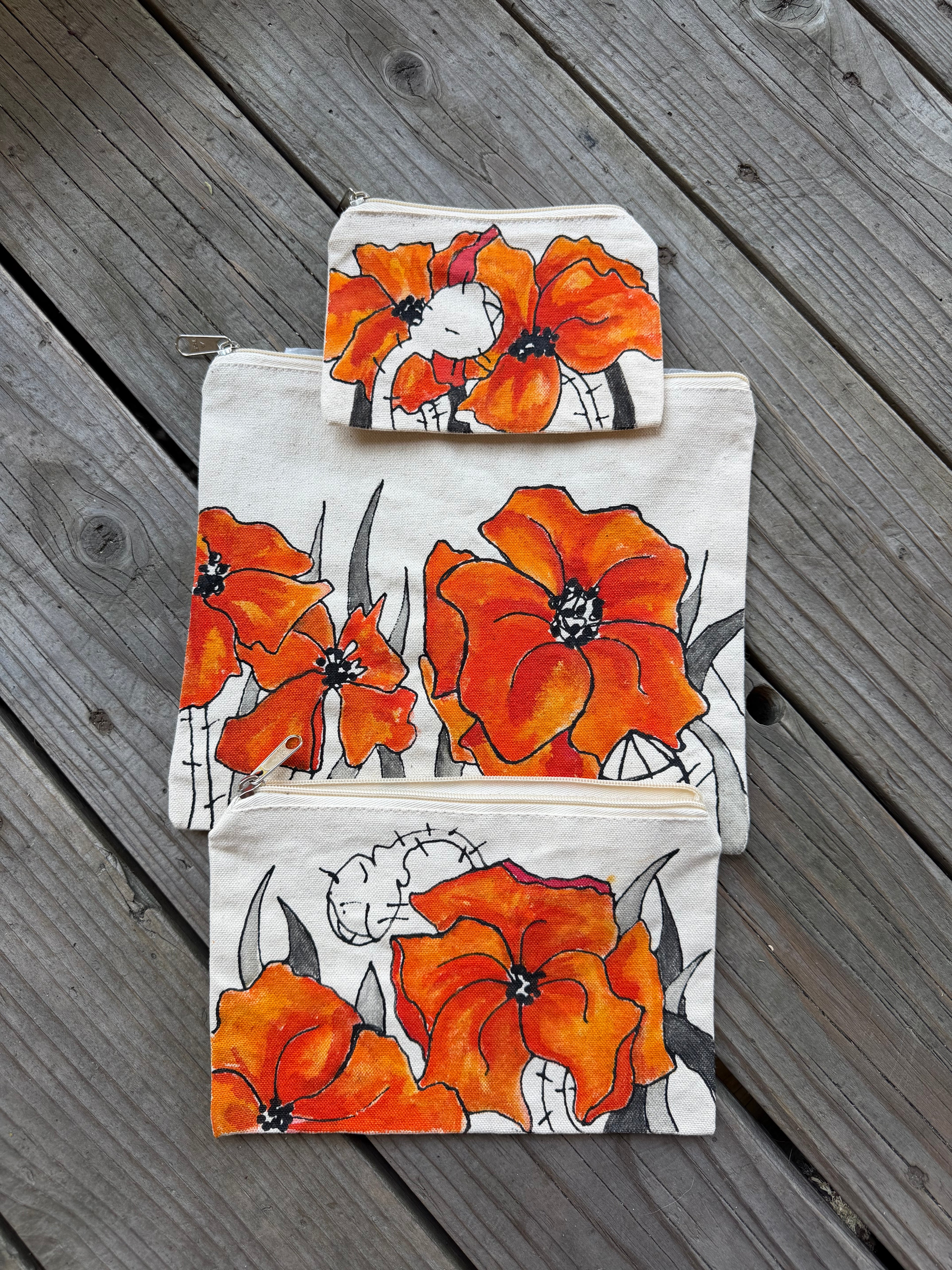 Hand-Painted Canvas 3 Pack Zip Bags